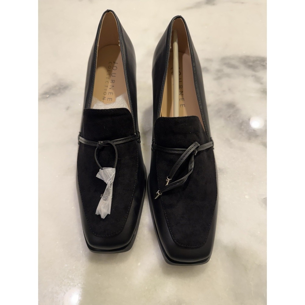 Journee Collection Loafer Pump Womens 9 Black Square Toe Block Heel Bow Detail - Picture 1 of 7